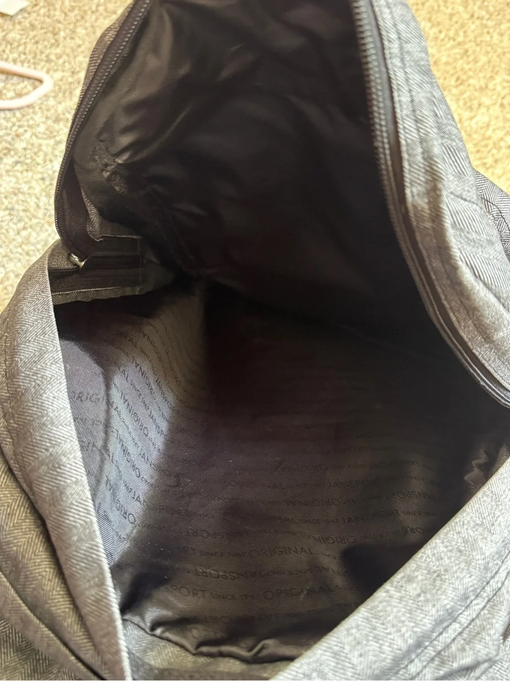 JanSport Cool Student Gray Herringbone Brown Faux Leather Laptop Backpack
